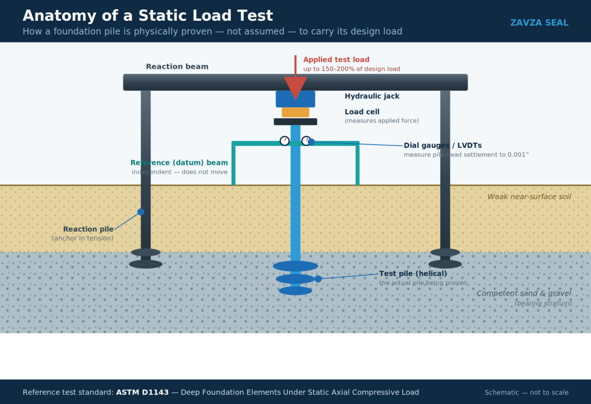 Static load test setup showing reaction beam, hydraulic jack, load cell, test pile, and dial gauges measuring settlement (ASTM D1143)